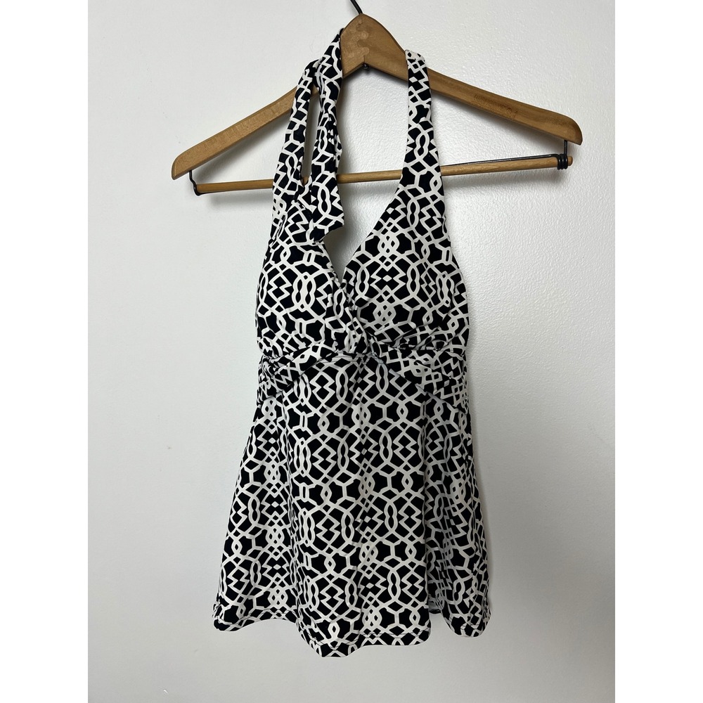 Lands End Womens Black White Geometric Halter Tankini Top Swimwear Size 6